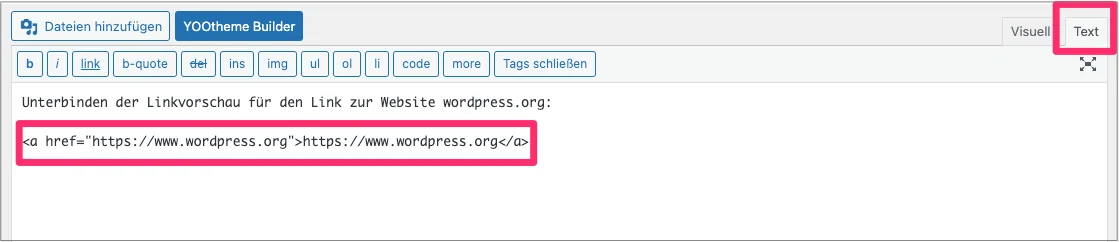 WP Code-Editor: Link im Klartext ohne WP Embeds